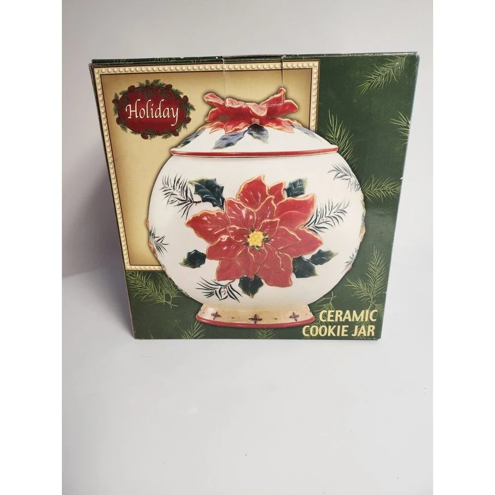Vintage BICO Christmas 3D POINSETTIA Centerpiece COOKIE JAR 9